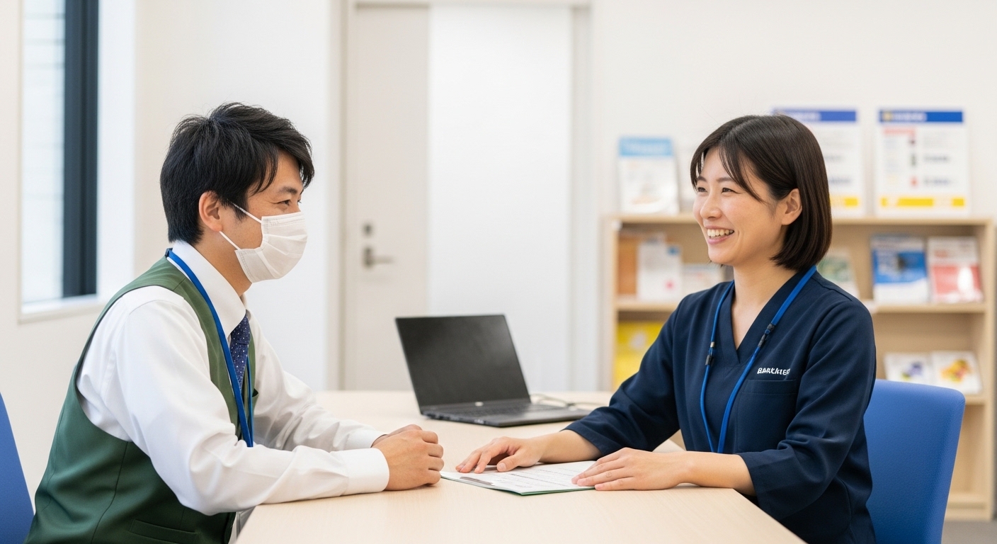 知的障害のある男性がA型とB型作業所の違いを理解しながら自分に合う働き方を考えている様子