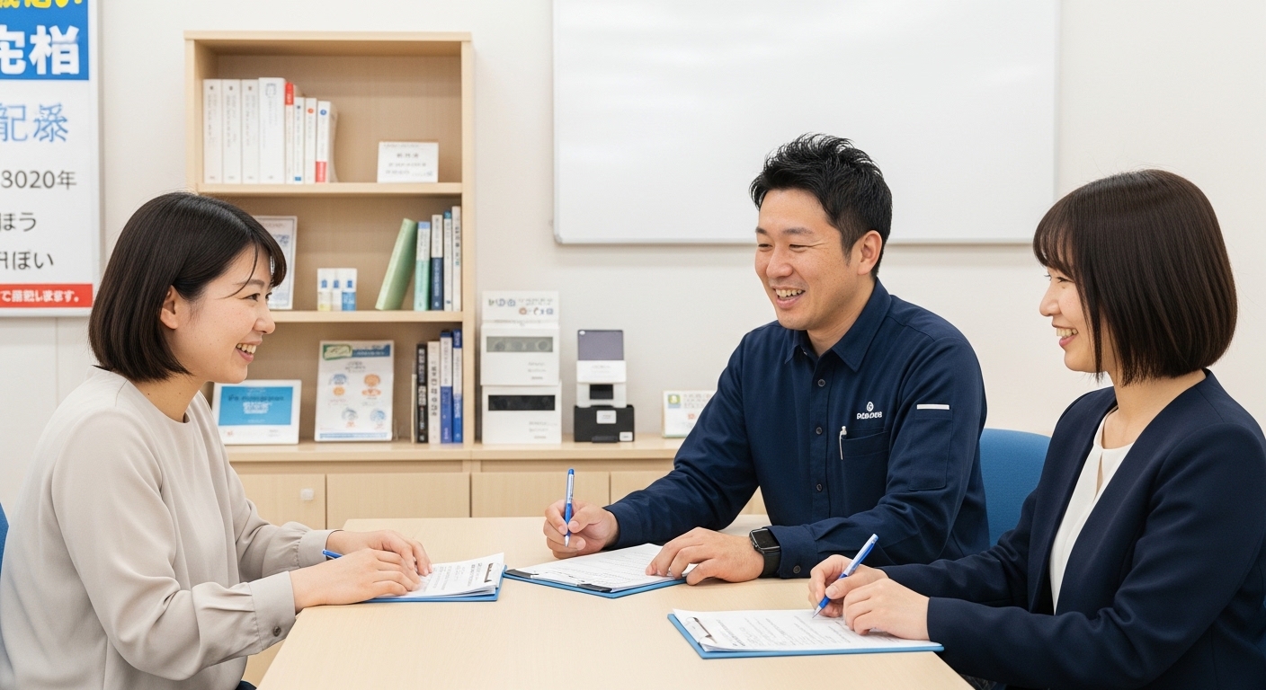 b型作業所の退所届を確認する日本人男性