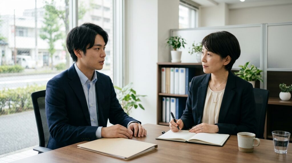 LITALICOワークスの評判や就職実績を相談するため、オフィスでカウンセリングを受ける男性の様子