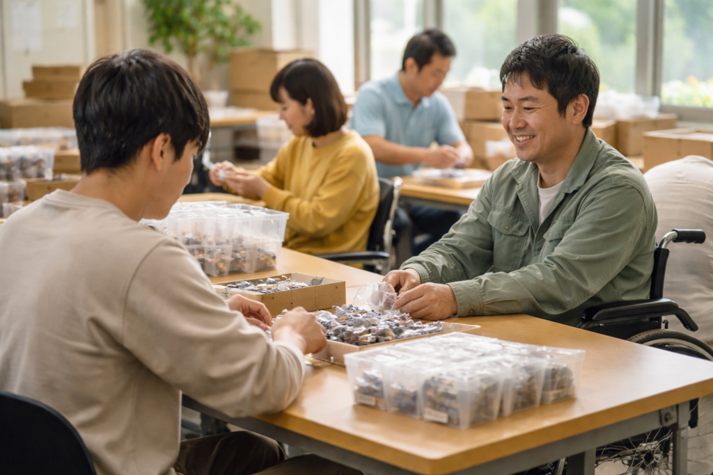 生活保護支援のA型事業所で作業する日本人男性