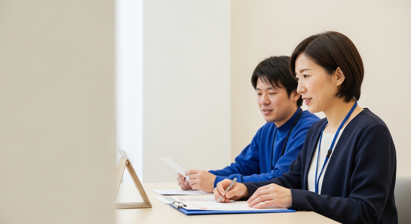 転職相談を受ける日本人男性と求人資料