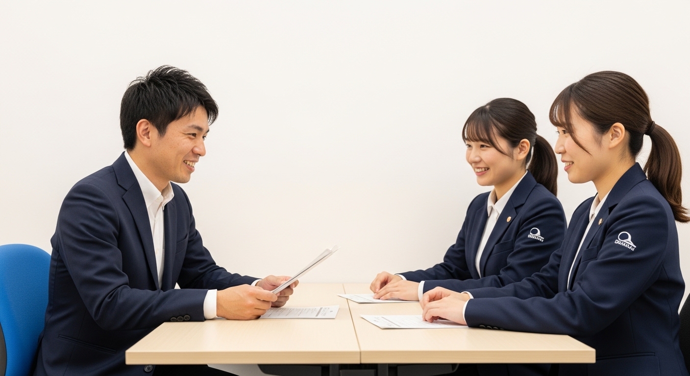 A型事業所の助成金を説明する日本人男性