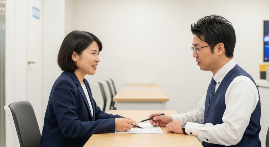 転職相談を進める日本人女性と求人情報
