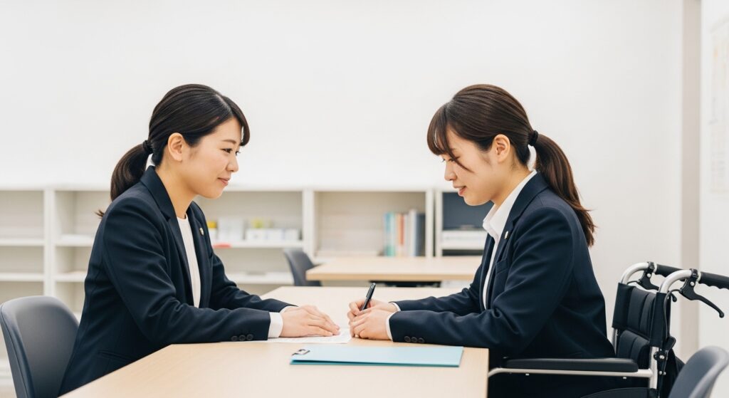 障がい者日本人女性が公務員の利点の説明を受ける