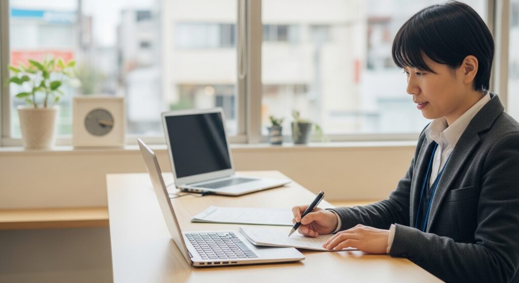 ココルポートカレッジの自立訓練の説明を聞く日本人女性の様子