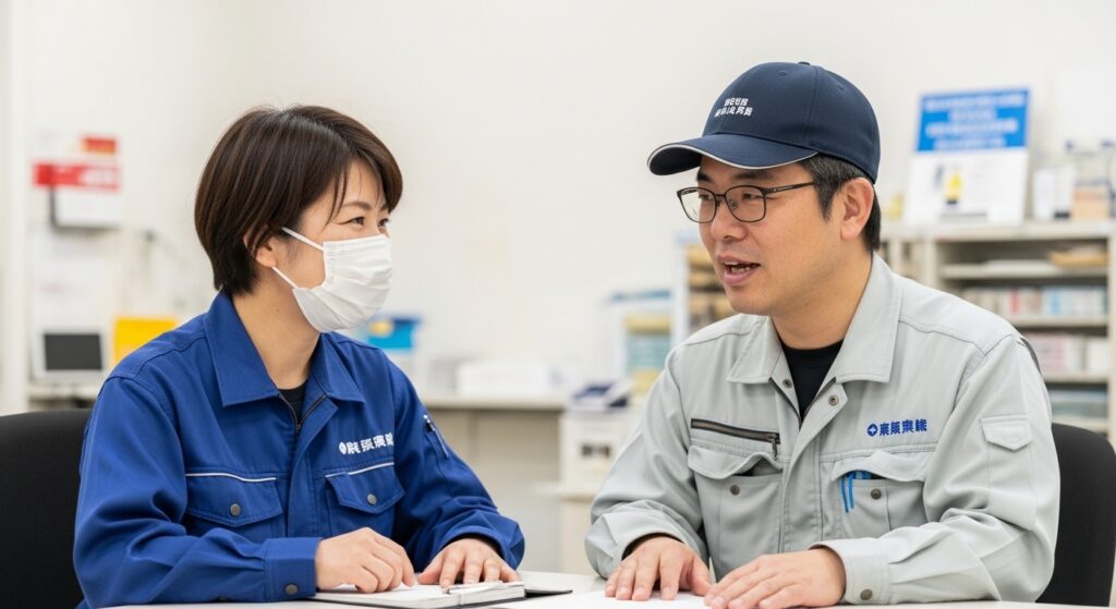 a型事業所で社会保険を説明する日本人男性