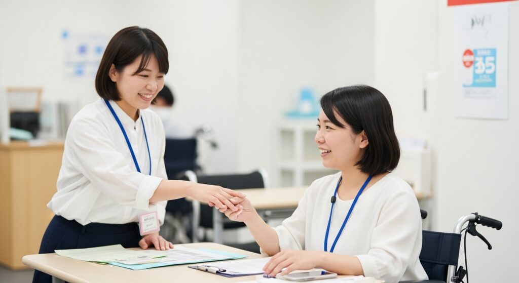 日本人女性が社会保険と障害年金を相談中