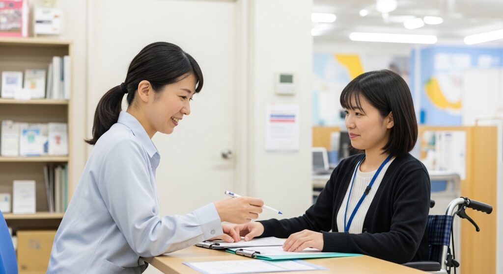 障害者雇用の年収ランキングや収入格差をイメージした、ビジネス資料とグラフを確認する就労支援のシーン