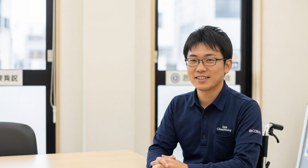 日本人男性が受ける在宅就労訓練の様子