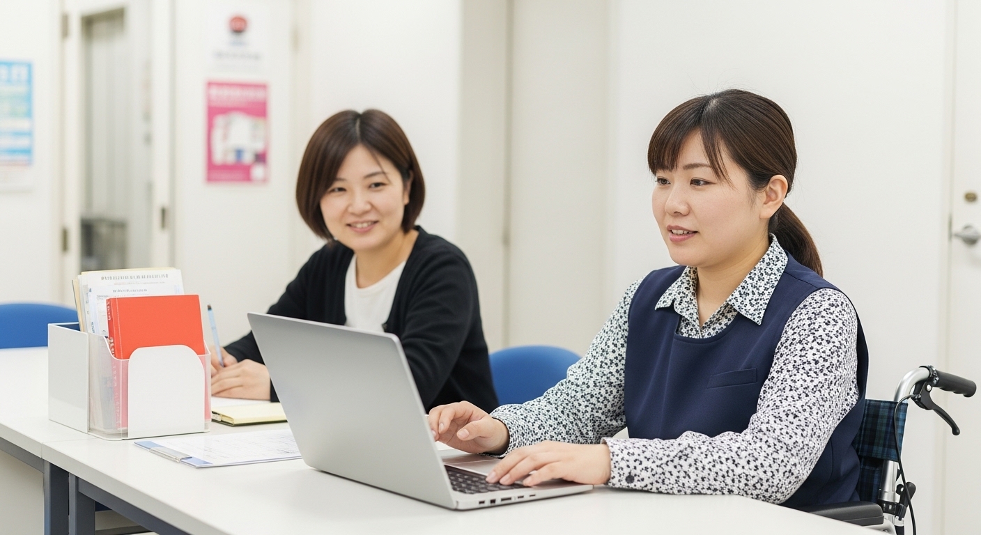 障害者雇用で安定収入を目指し、在宅ワーク環境で将来のキャリアを考えながら働く女性の様子