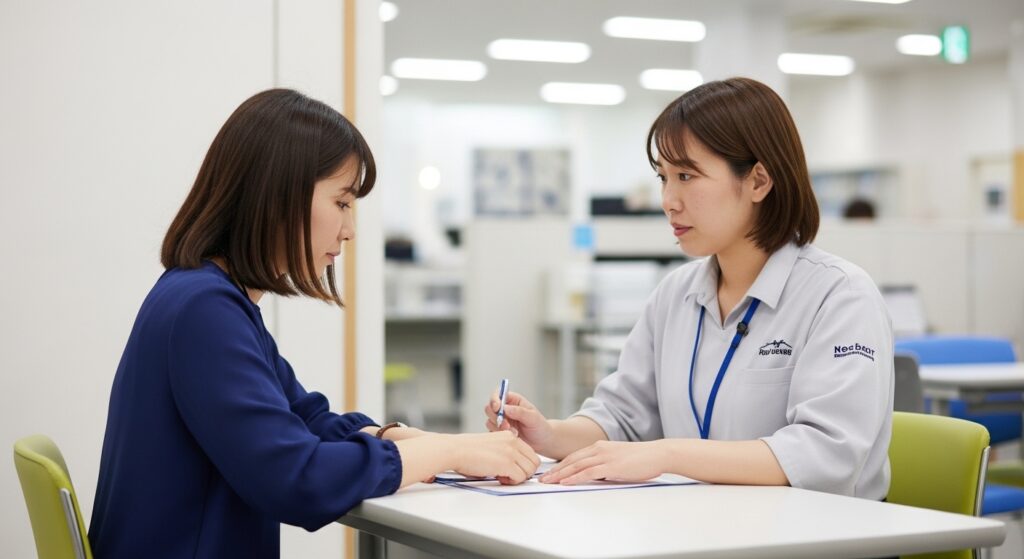 就労支援事業所で賃金と工賃の違いについて説明を受けながら働き方を学ぶ利用者のイメージ