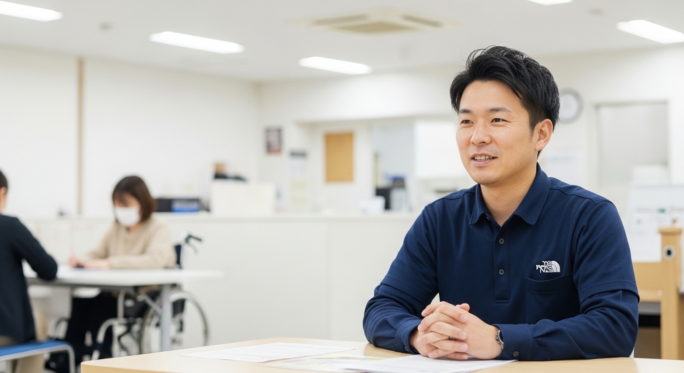 就労支援A型で働く日本人男性と給付金説明