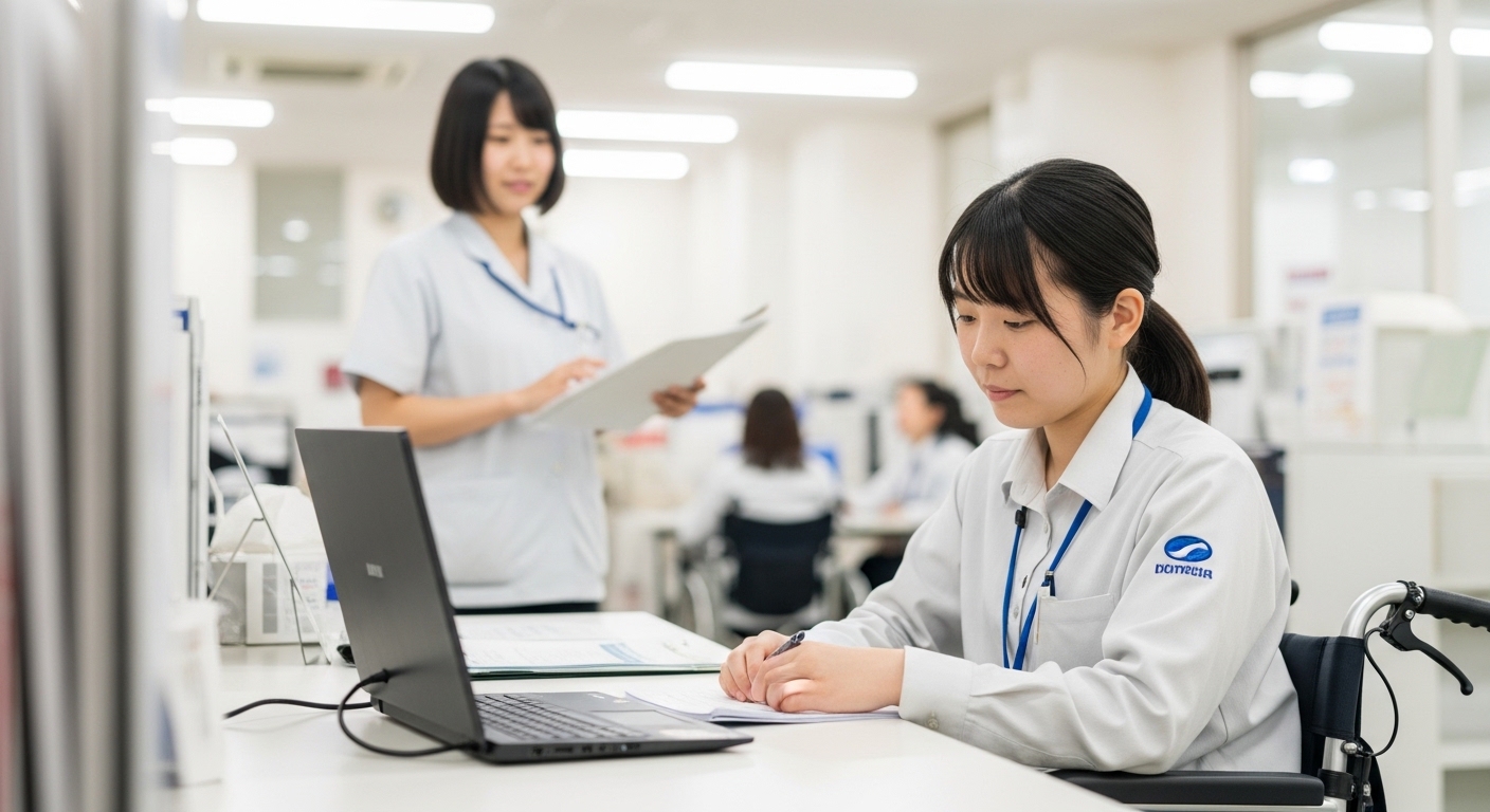 B型事業所の利用料免除を案内する日本人女性