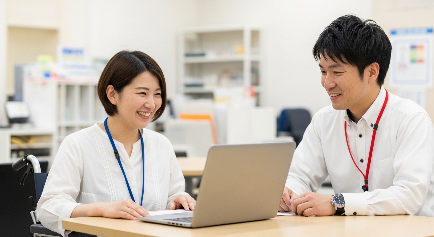 利用者が集まる就労移行支援事業所を目指して女性スタッフが広報や相談対応を工夫している場面