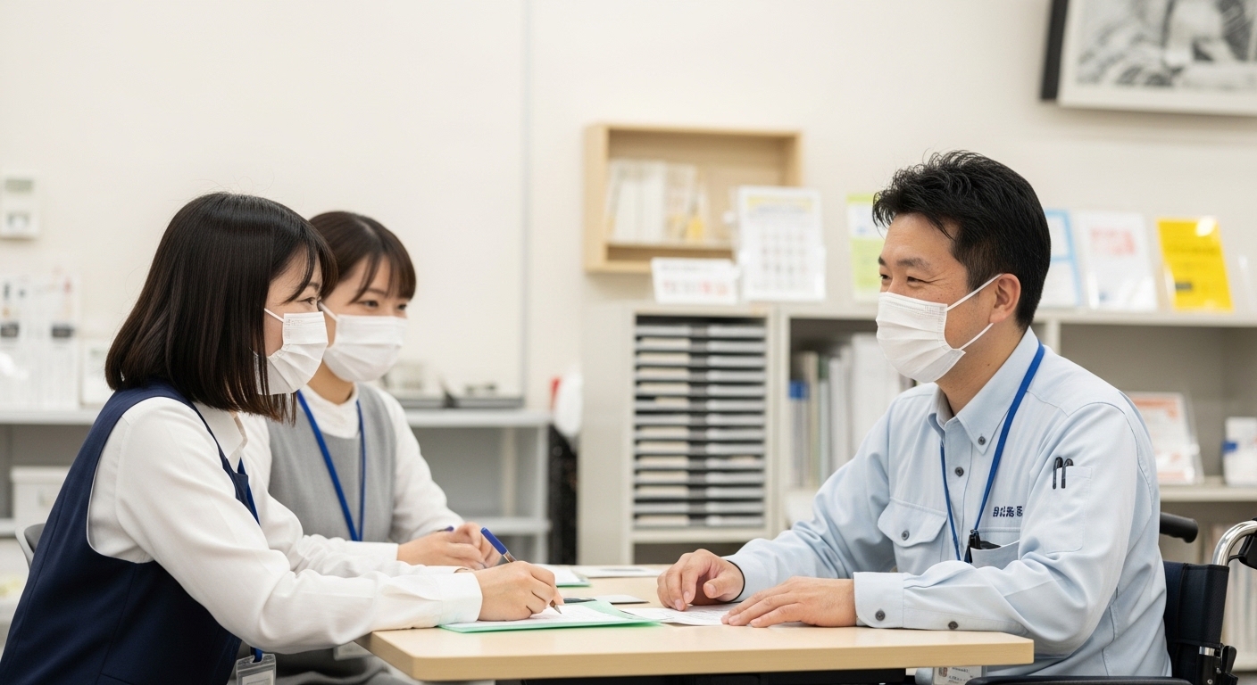 就労移行支援は金儲けなのかという疑問を抱えた男性が、制度の仕組みや支援内容を調べながら真実を考えている場面