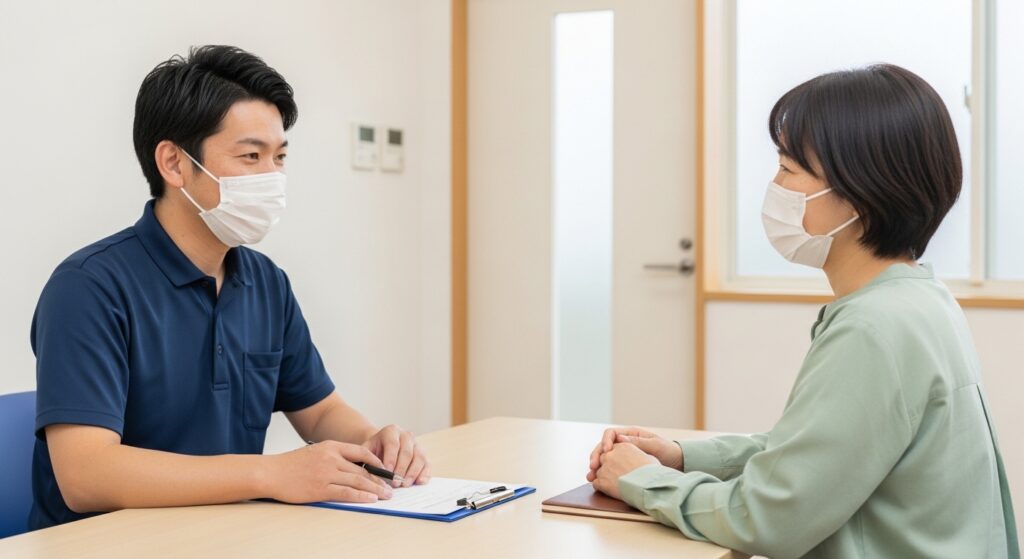 日本人男性が工賃制度を確認する様子