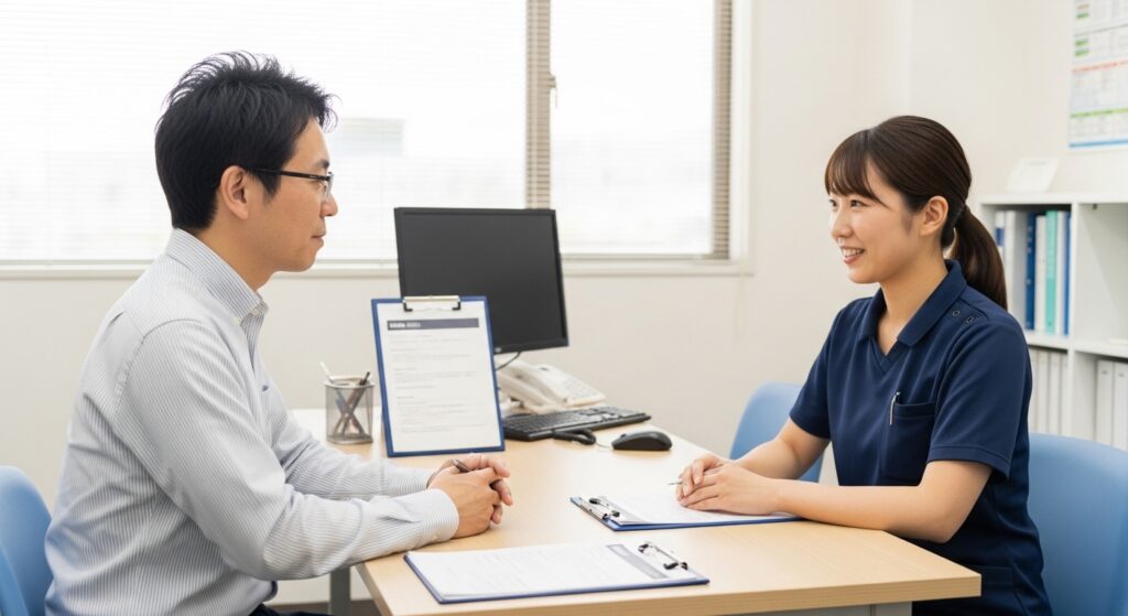 日本人男性がA型作業所面接で受け答えする様子