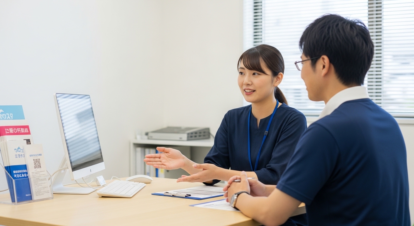 就労支援B型の説明を受ける日本人男性