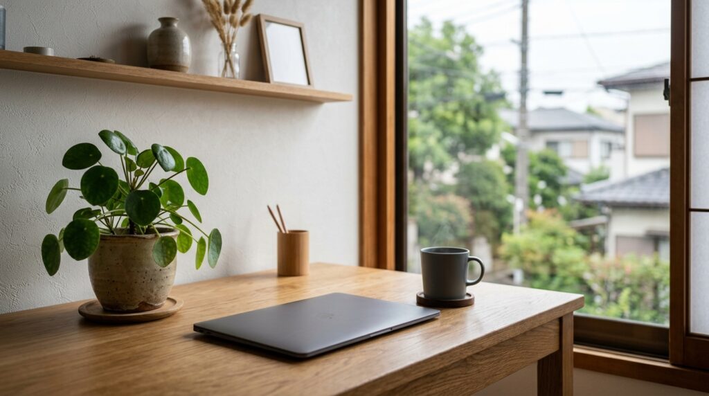 障害者雇用で収入アップを目指す働き方をイメージした、植物とノートPCが並ぶミニマルなオフィスデスク