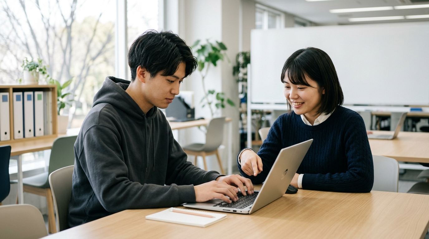 就労支援と高校生の進路準備について調べながら、卒業後の働き方を考える男子高校生のイメージ画像
