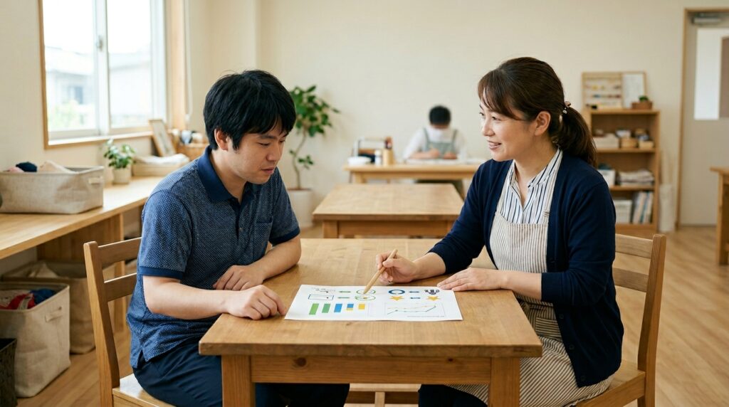就労継続支援B型の工賃評価表をもとに施設外就労や能力給について相談する支援員と利用者のイメージ