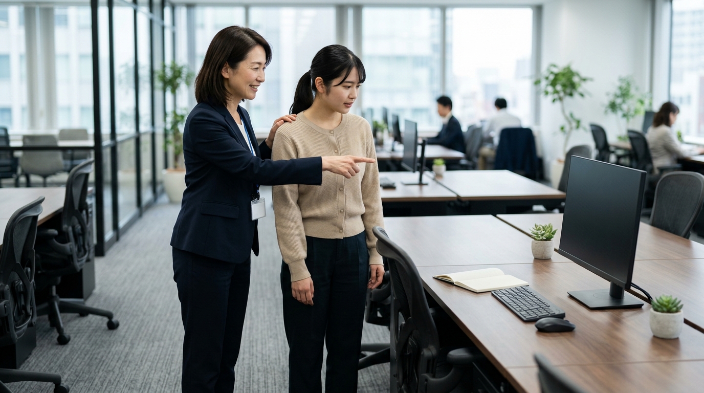 マナビーとリタリコの違いを調べながら、女性が支援施設で将来の働き方を考えている場面のイメージ