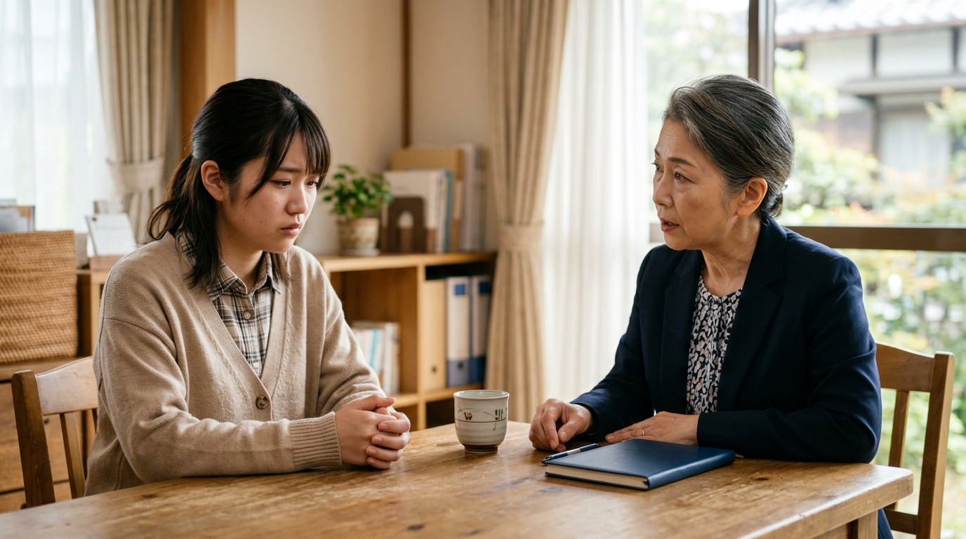 A型事業所の悪質な問題とは何かを知るため、女性が支援内容や利用環境について相談している様子を表すイメージ画像