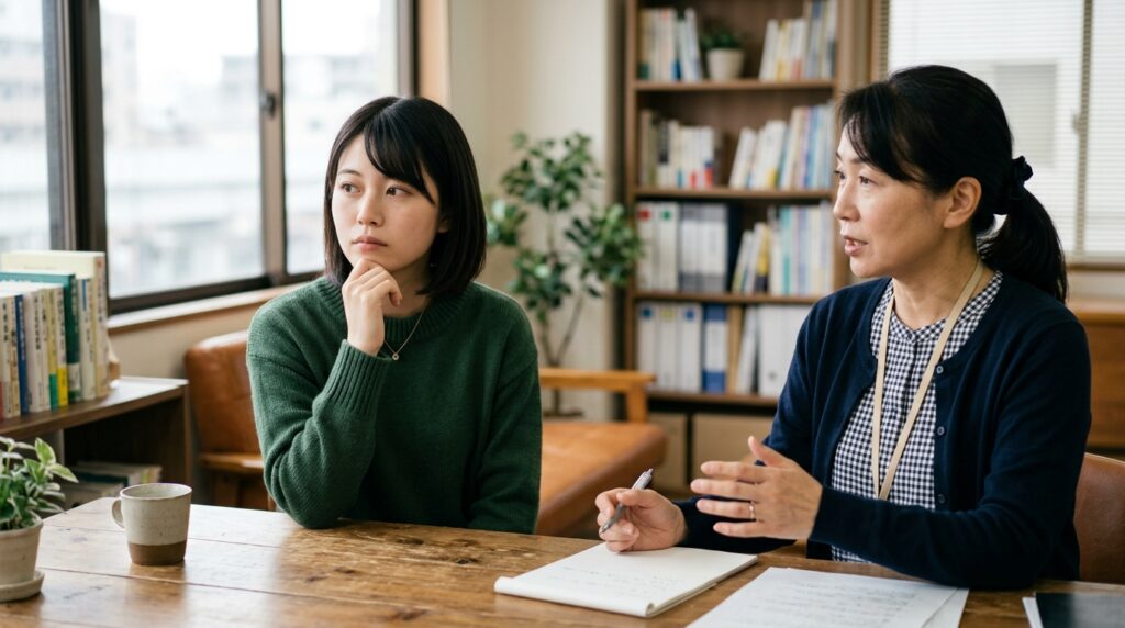 A型事業所に違和感を感じた際の相談や対処法を考えながら、支援内容を見直している利用者のイメージ