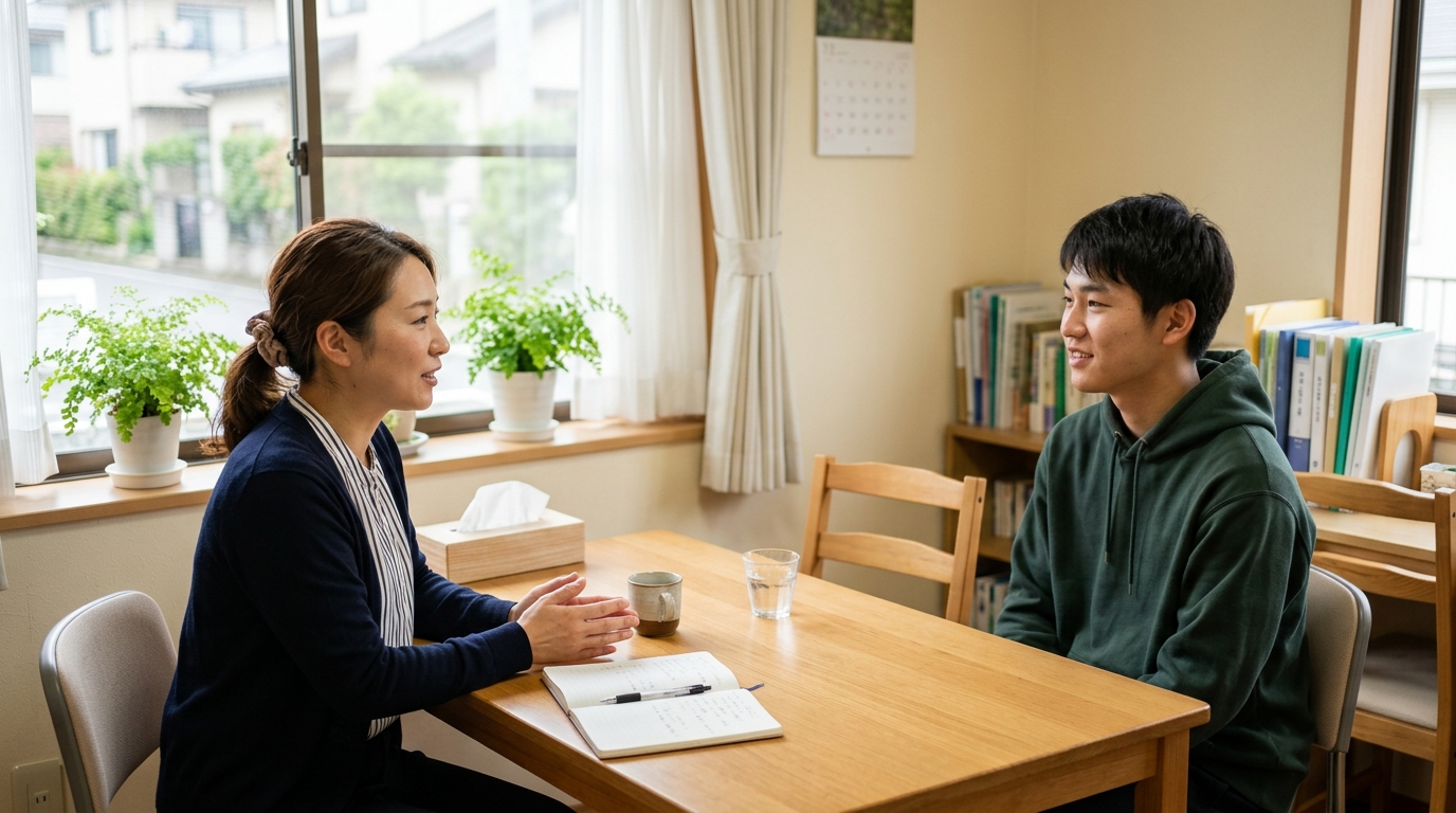 就労移行支援を活用し、障がい開示や履歴書作成の相談をしながら前向きに準備する女性のシーン