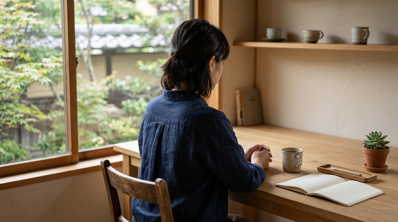 就労移行支援の利用を検討しながら、スタッフ対応や訓練環境を慎重に見極める女性のシーン
