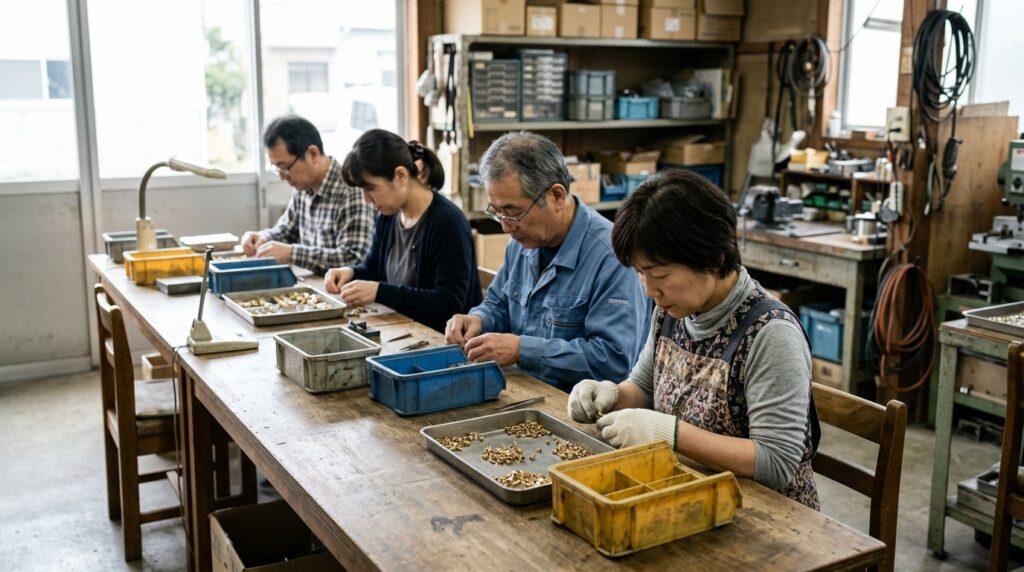 就労継続支援B型の作業所で、受給者証や必要書類の相談をしながら軽作業に取り組む利用者たちの様子