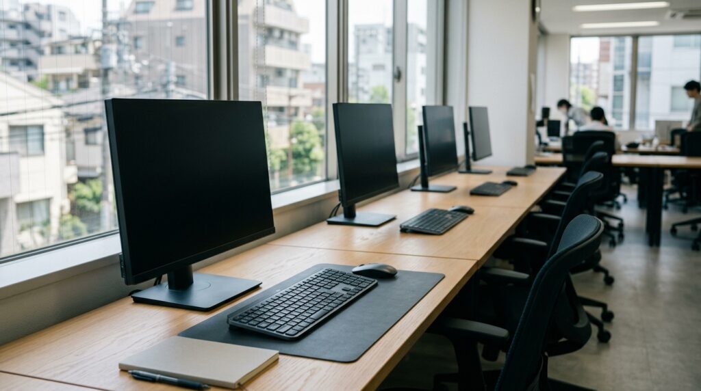 就労移行支援の年齢層や利用条件について相談をイメージした、パソコンが並ぶ訓練スペースの風景