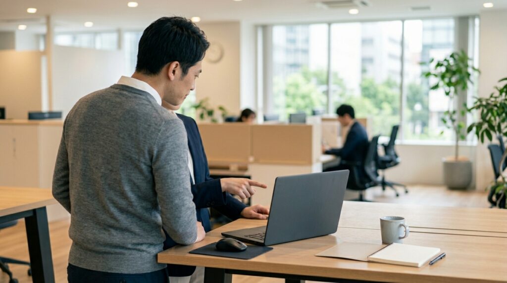 就労継続支援A型の職員が利用者支援と業務管理を両立しながら働く、オフィスでの打ち合わせ風景