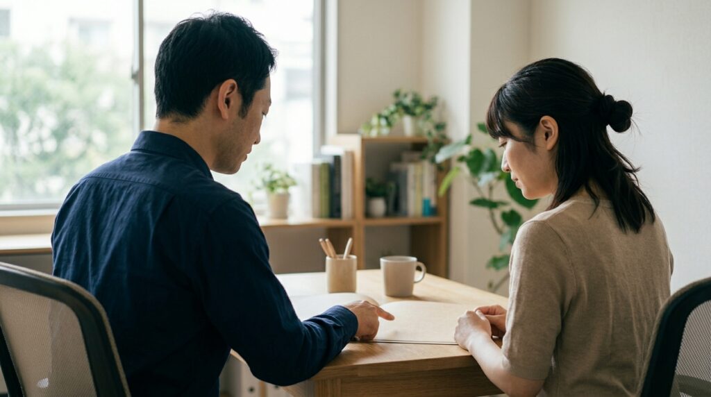 就労継続支援A型の面接対策として、訓練オフィスで面接練習や就労準備を進める日本人男女の様子