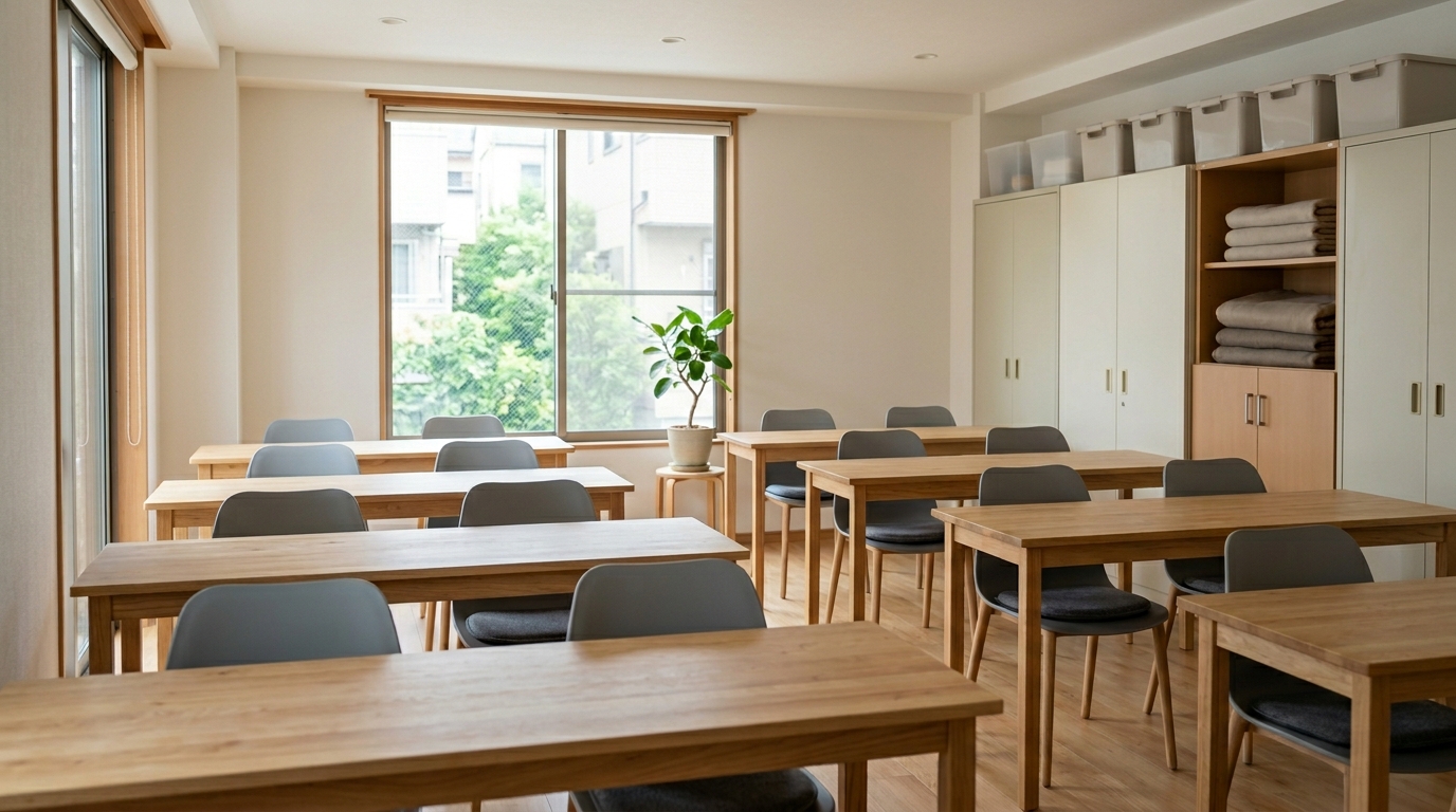 就労継続支援B型の申請準備をイメージした、必要書類や受給者証関連の資料が並ぶ作業スペース風景