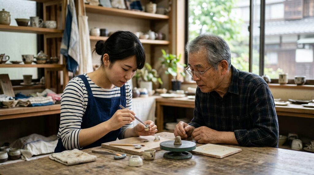 工賃が非課税になる仕組みについて説明を受けながら、就労支援事業所で作業確認を行う利用者とスタッフの様子