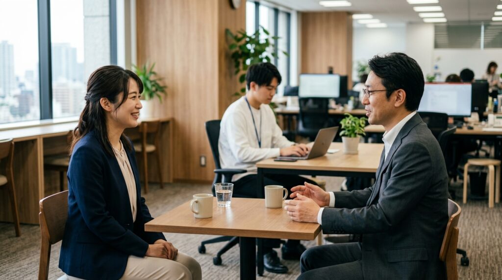 A型事業所の給料や税金、控除について相談しながら確認する様子を表すイメージ画像