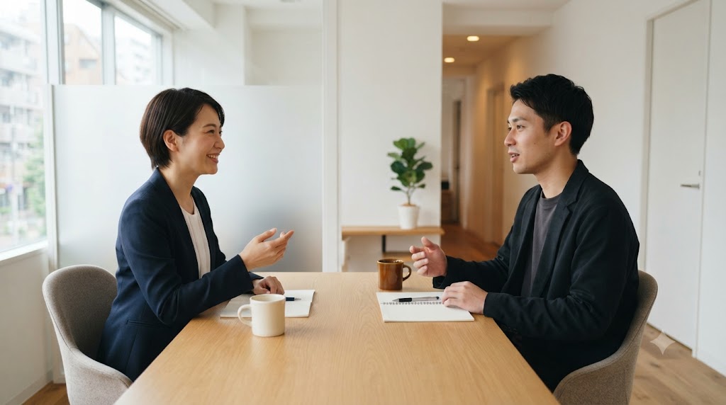就労移行支援を健常者は使える条件について、男性が支援員と相談しながら利用方法や制度を確認している様子を表すイメージ画像
