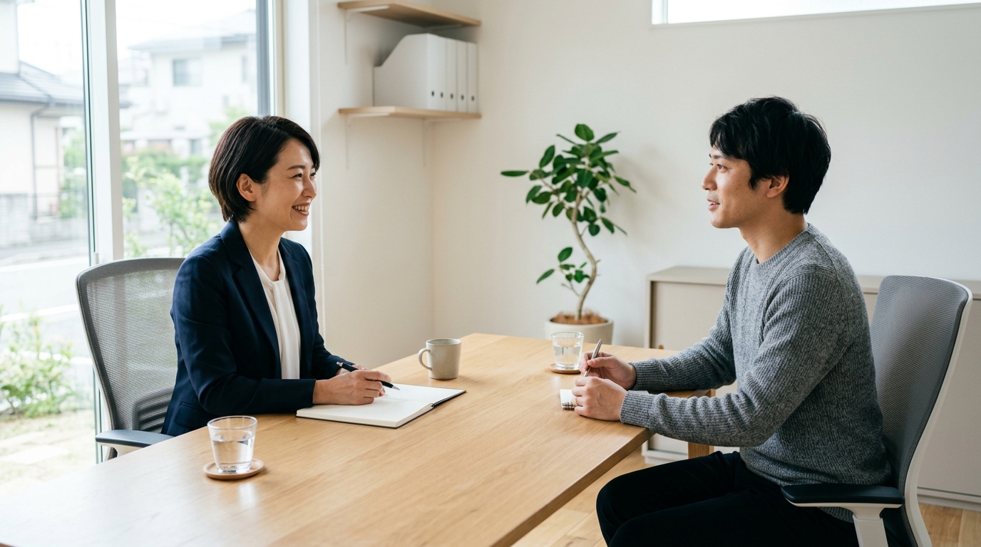 就労移行支援に向いている人について、男性が支援スタッフと相談しながら就職準備を進める様子を表すイメージ画像