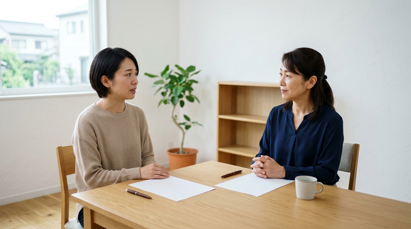 A型事業所でパワハラに悩む人へ向けて、不安を抱えながらも相談先を探し安心できる環境を目指す女性を表すイメージ画像